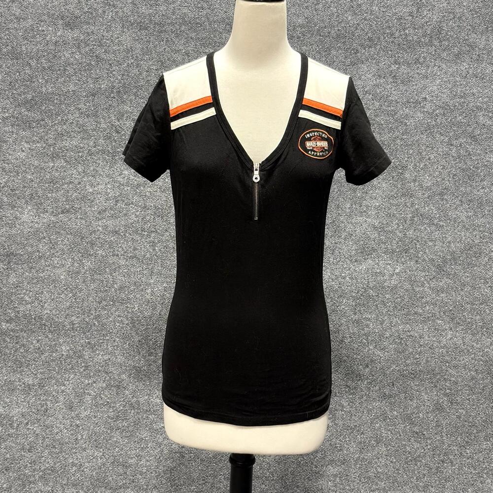 Harley-Davidson Shirt Womens Medium Black Zip V Neck Biker Top Embroidered